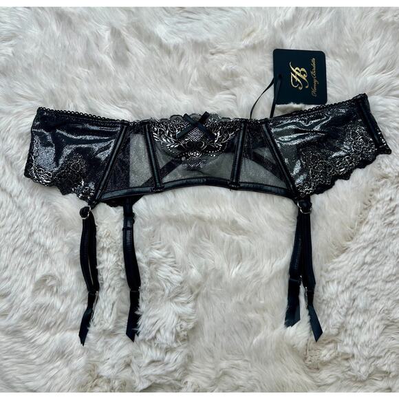 Honey Birdette NATALIE🖤 Black & Silver Metallic Floral Garter Suspender Large - Picture 1 of 3